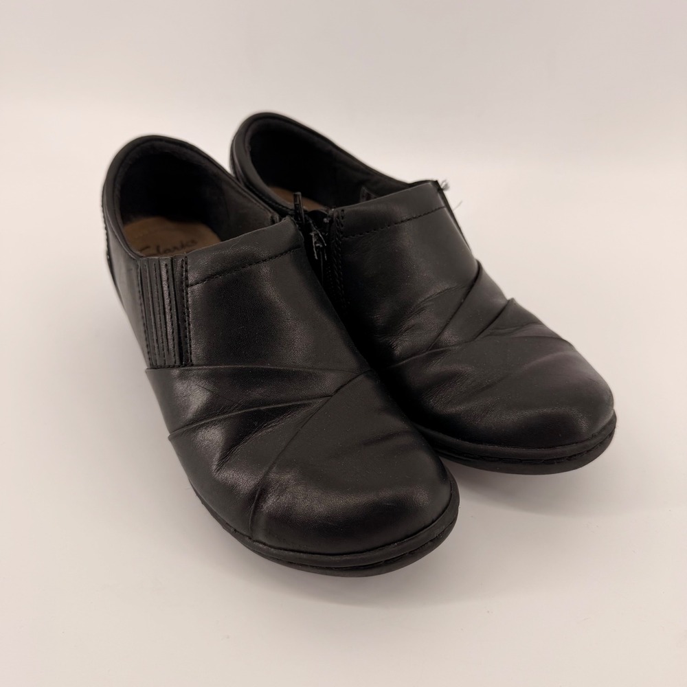 Clarks Booties Womens 6 Black Collection Leather Side Zip Wedge Ankle Shoes